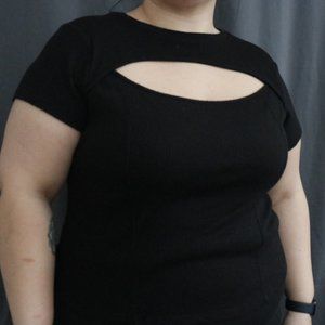 Women Plus Black Peek-a-boo Chest Bust Cut-Out Short Sleeve Ribbed Shirt